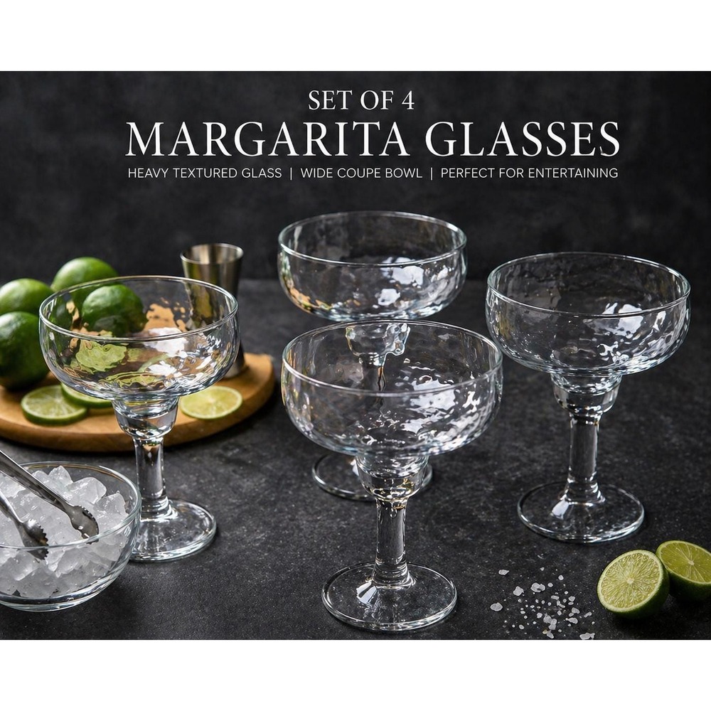 Set of 4 Heavy Glass Margarita Glasses Textured Coupe Stem Barware